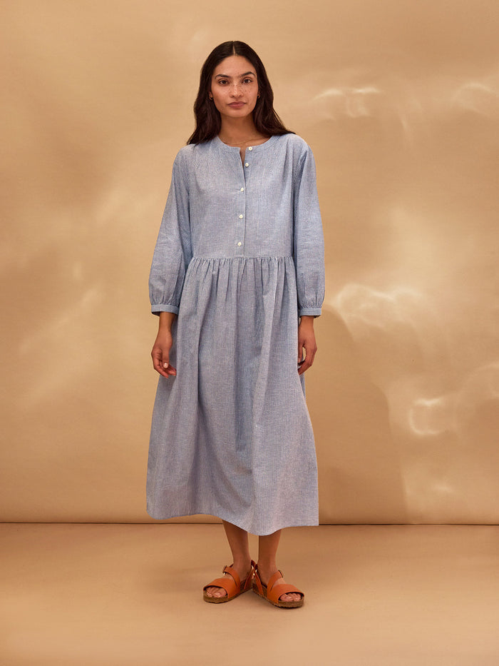 Collarless Half Placket Midi Dress