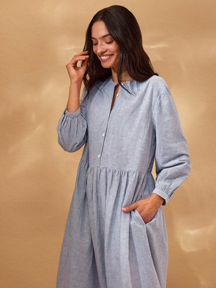 Collarless Half Placket Midi Dress