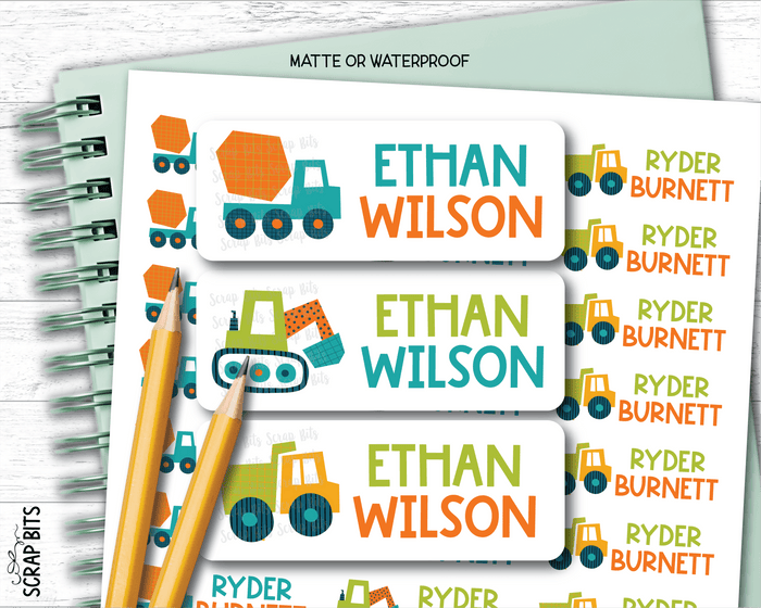 Construction Vehicles Name Labels . Personalized Belonging Labels - Scrap Bits