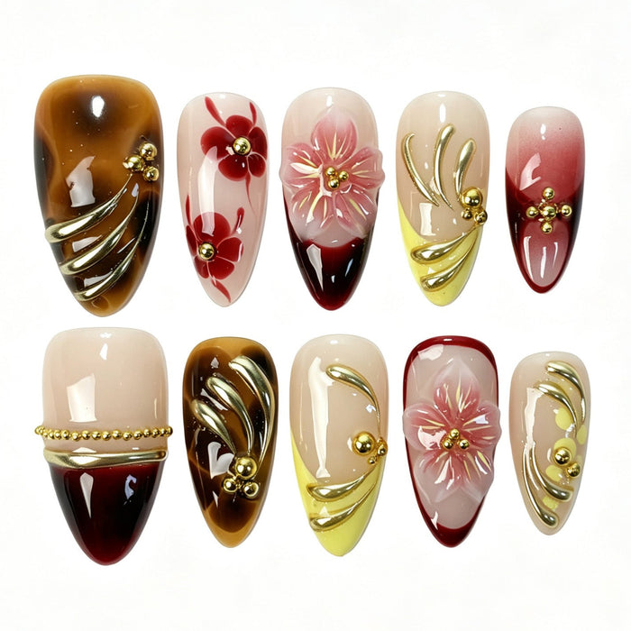 Wine red ombre almond press‑on nails handmade amber tortoiseshell 3D sakura gold swirl retro oriental manicure