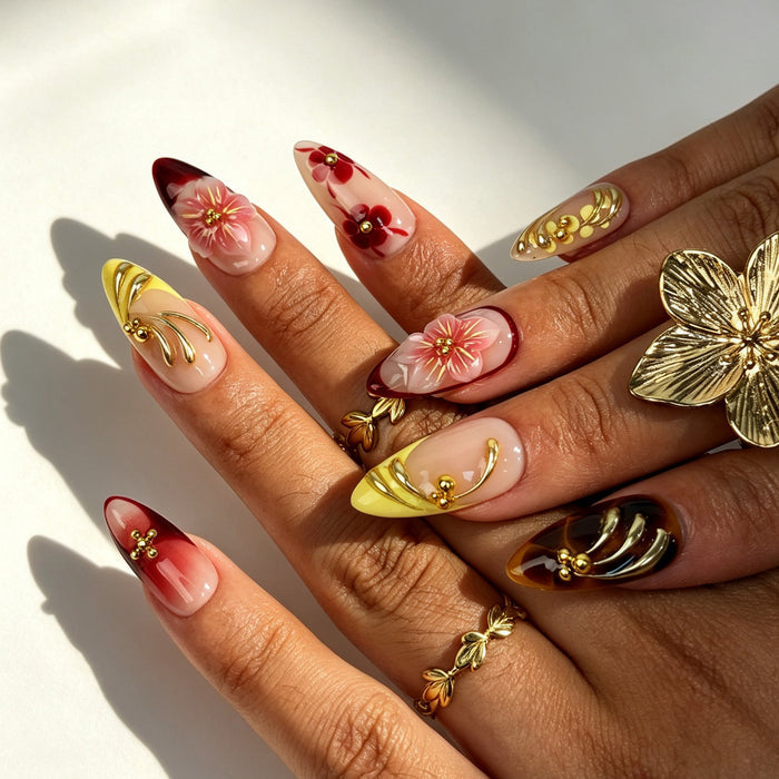 Handmade wine red ombre sakura almond press‑on nails real hand worn shot