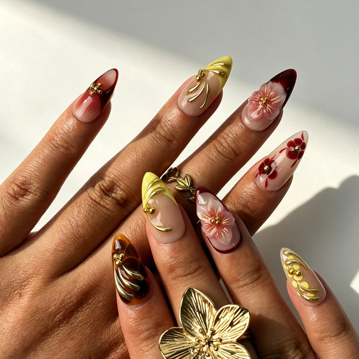 Retro oriental tortoiseshell 3D sakura press‑on nails close‑up detail