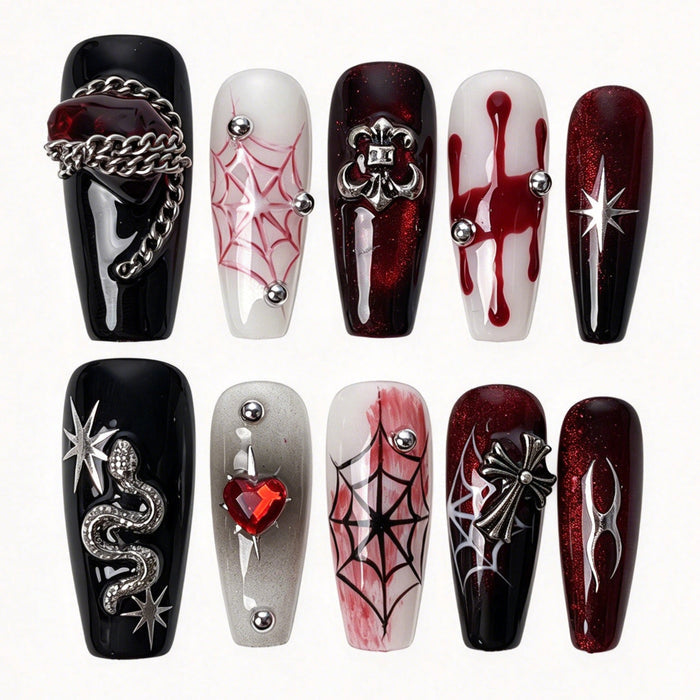 Crimson Star gothic coffin press on nails, black burgundy white handmade false nails with spider web snake blood drip 3d gems