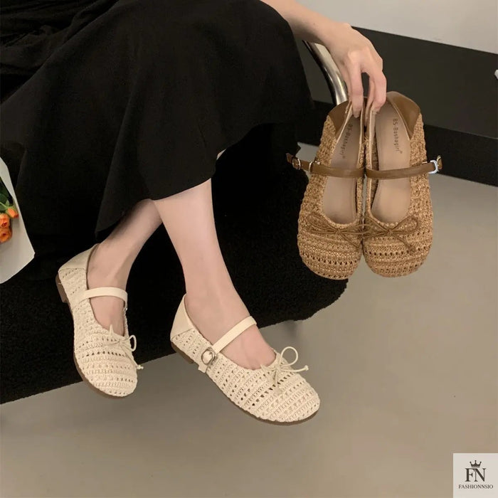 Crochet Buckle Strap Bow Flats - Fashionnsio