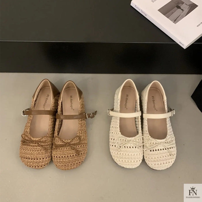 Crochet Buckle Strap Bow Flats - Fashionnsio
