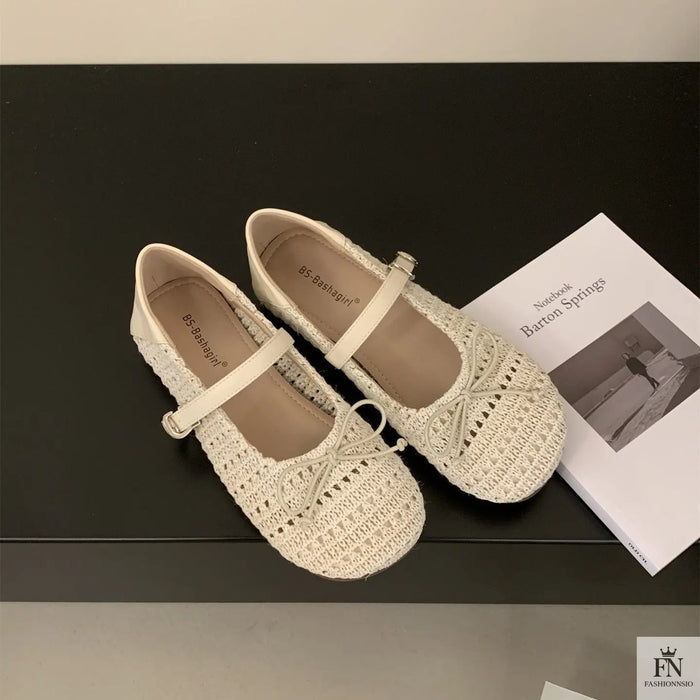 Crochet Buckle Strap Bow Flats - Fashionnsio