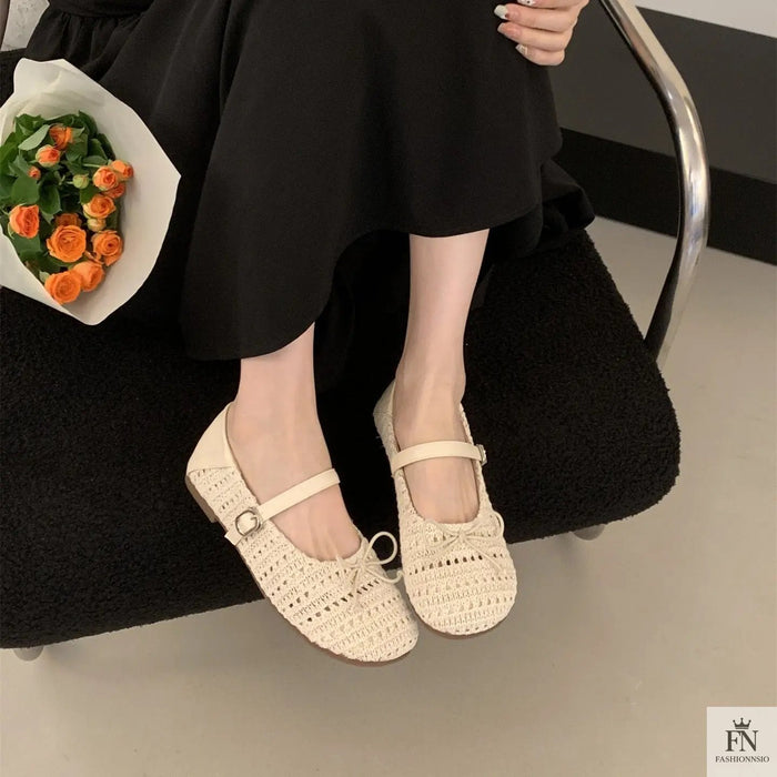 Crochet Buckle Strap Bow Flats - Fashionnsio