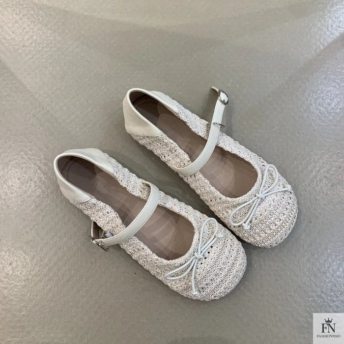 Crochet Buckle Strap Bow Flats - Fashionnsio