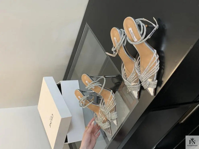 Cross Rhinestone Ankle Strap Pointed Heels - Fashionnsio