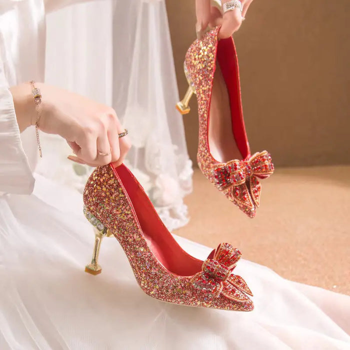 Crystal Sequins Bowknot Cinderella Heels fashionnsio