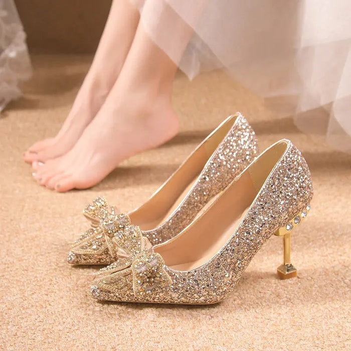 Crystal Sequins Bowknot Cinderella Heels fashionnsio