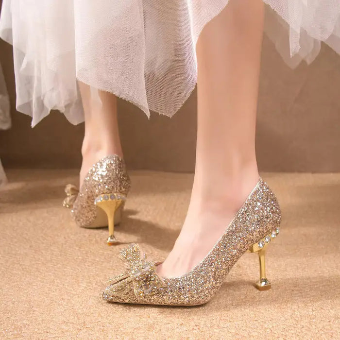 Crystal Sequins Bowknot Cinderella Heels fashionnsio