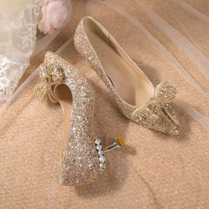 Crystal Sequins Bowknot Cinderella Heels fashionnsio