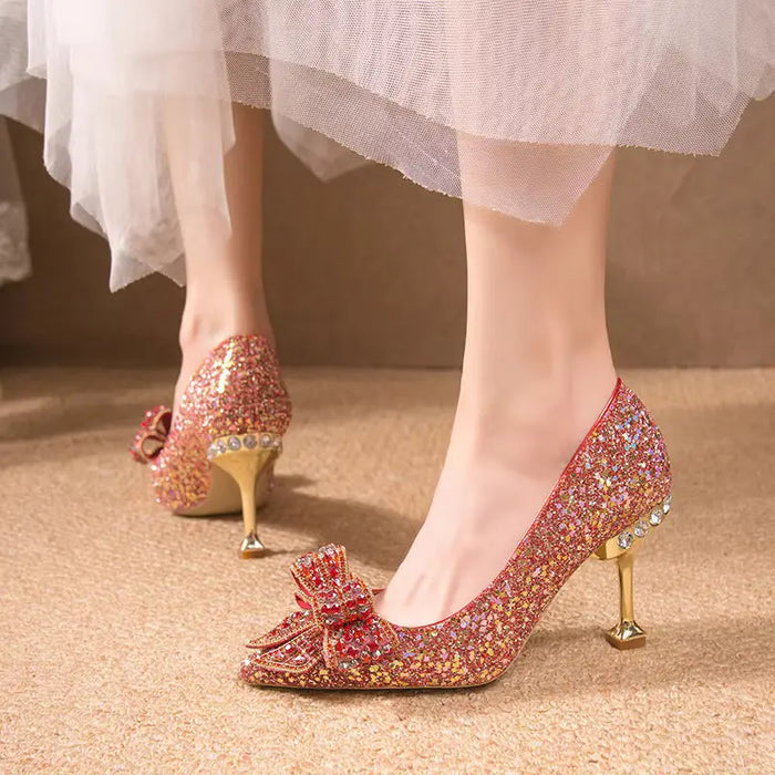 Crystal Sequins Bowknot Cinderella Heels fashionnsio