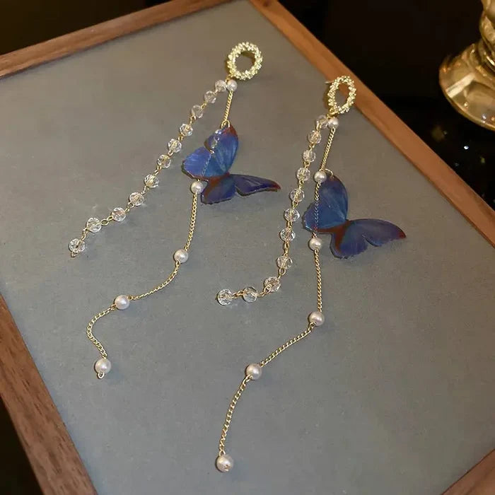 Crystal Pearls Long Tassel Butterfly Earrings fashionnsio