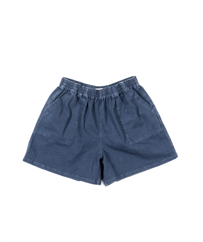 Blue denim shorts on a white background