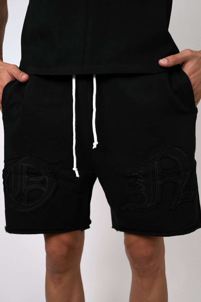 Distressed Applique Shorts - Black