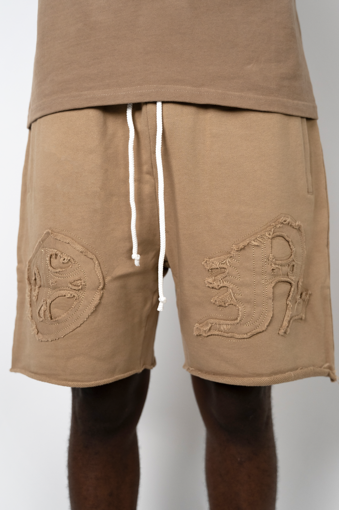 Distressed Applique Shorts - Brown