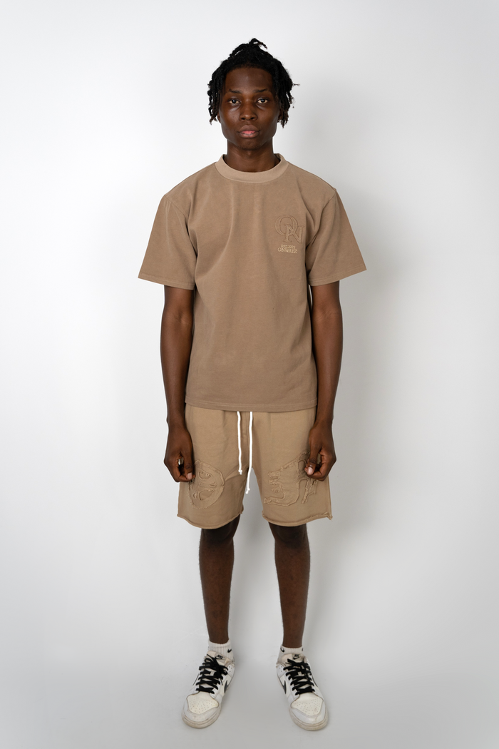 Distressed Applique Shorts - Brown