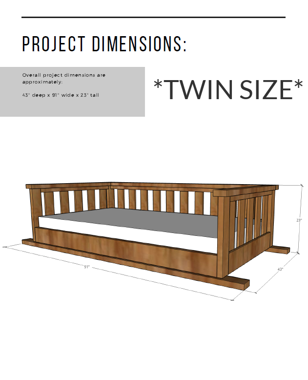 Project dimensions for twin size DIY porch swing bed –fits twin size mattress