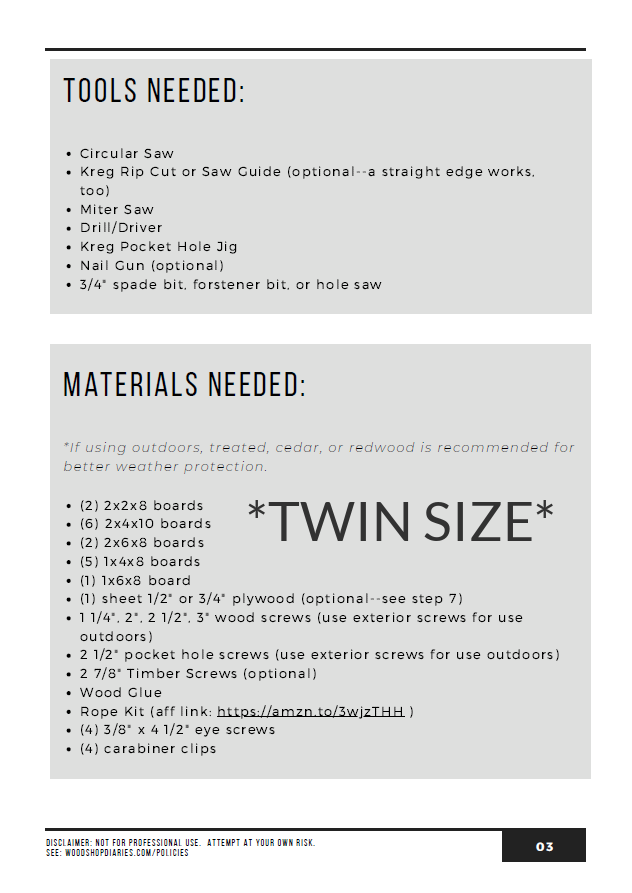 Tools and materials list for building a twin size DIY porch swing bed – 2x4s, 2x6s, rope kit, carabiner clips, and pocket hole jig, and more