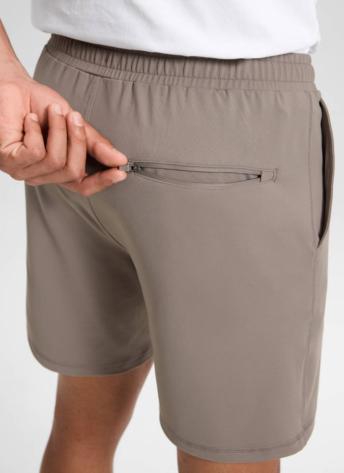 CRZ YOGA Men's Workout Mid Rise Drawstring Performance Knit Shorts 7" Cliff Ash