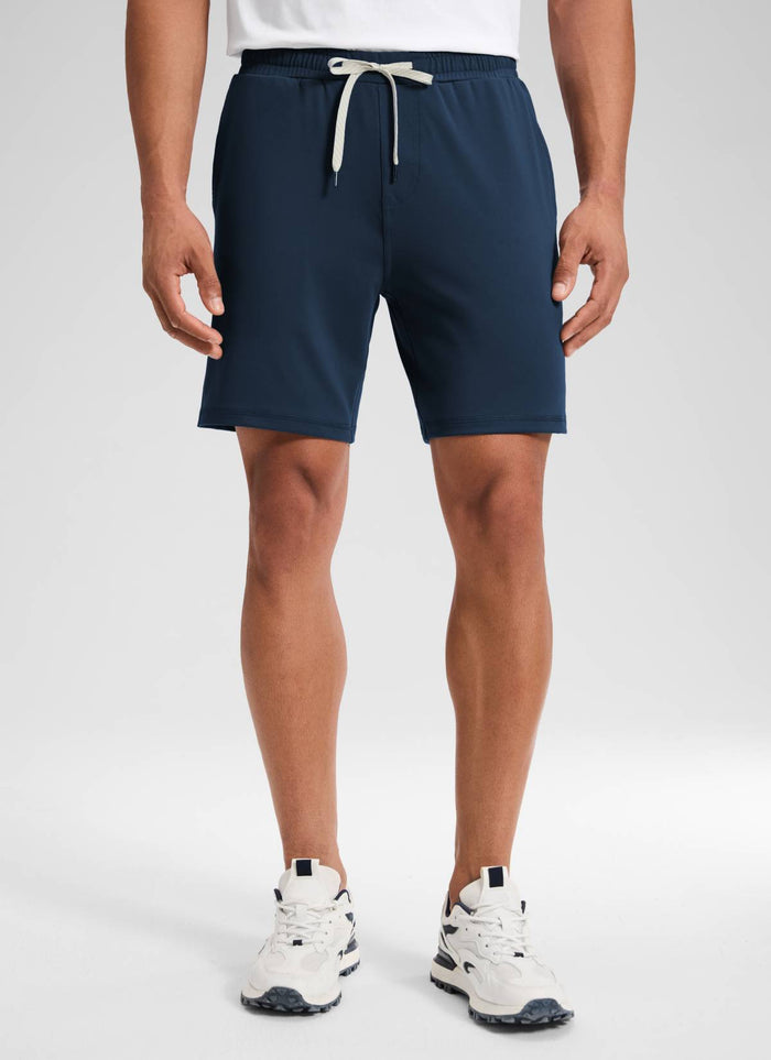 CRZ YOGA Men's Workout Mid Rise Drawstring Performance Knit Shorts 7" Ink Blue