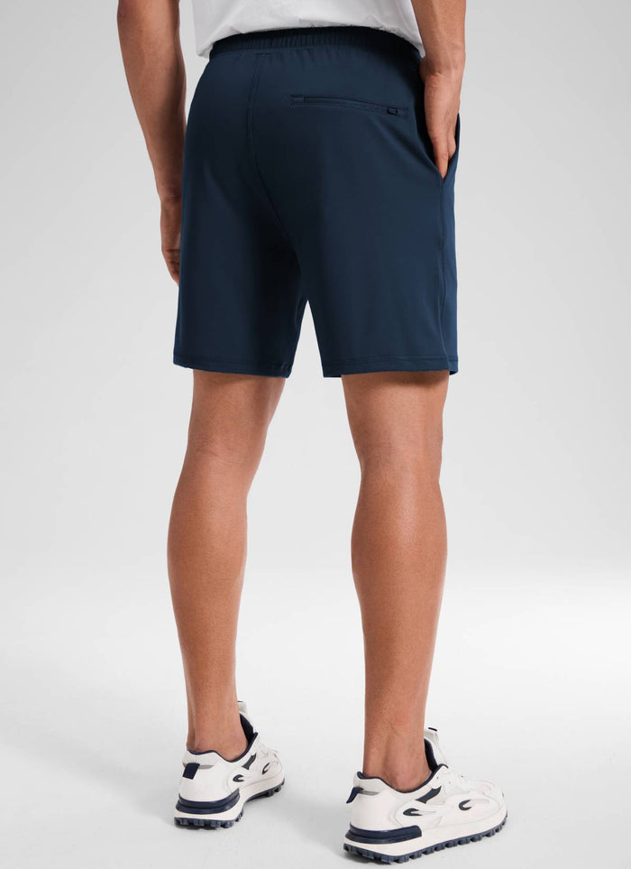 CRZ YOGA Men's Workout Mid Rise Drawstring Performance Knit Shorts 7" Ink Blue