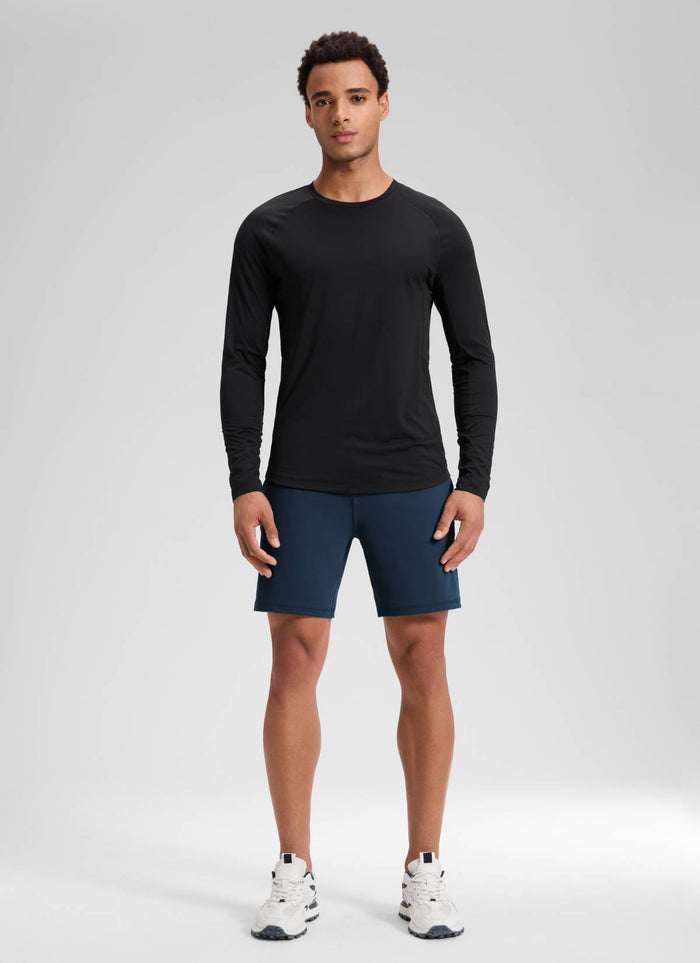 CRZ YOGA Men's Workout Mid Rise Drawstring Performance Knit Shorts 7" Ink Blue