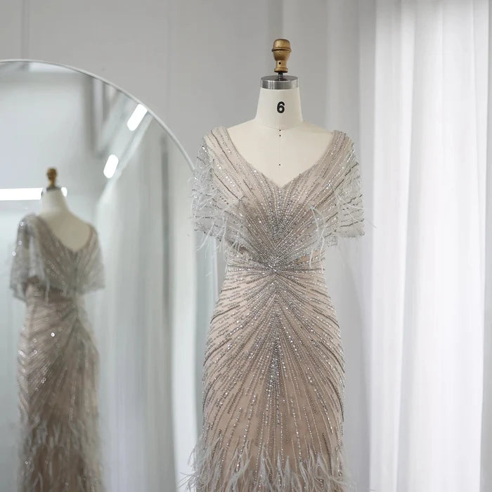Dreamy Vow Luxury Dubai Feathers Khaki Mermaid Evening Dresses 2023 Elegant for Woman Wedding Party Gowns Cape Sleeves SS210-DreamyVow