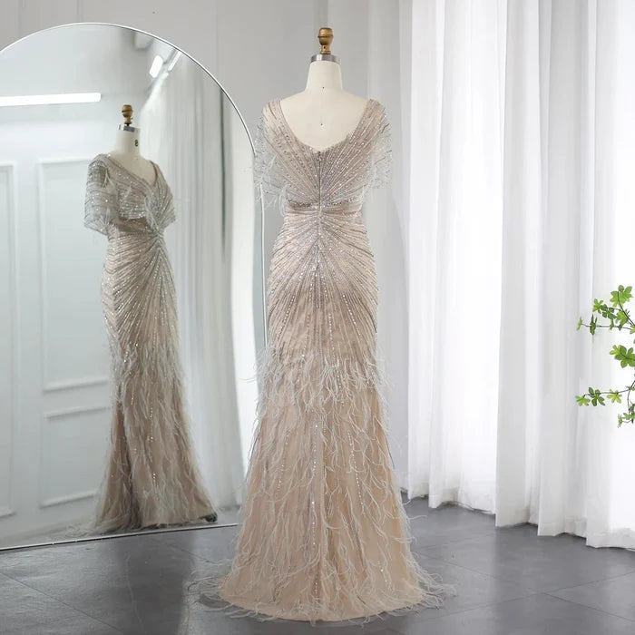 Dreamy Vow Luxury Dubai Feathers Khaki Mermaid Evening Dresses 2023 Elegant for Woman Wedding Party Gowns Cape Sleeves SS210-DreamyVow