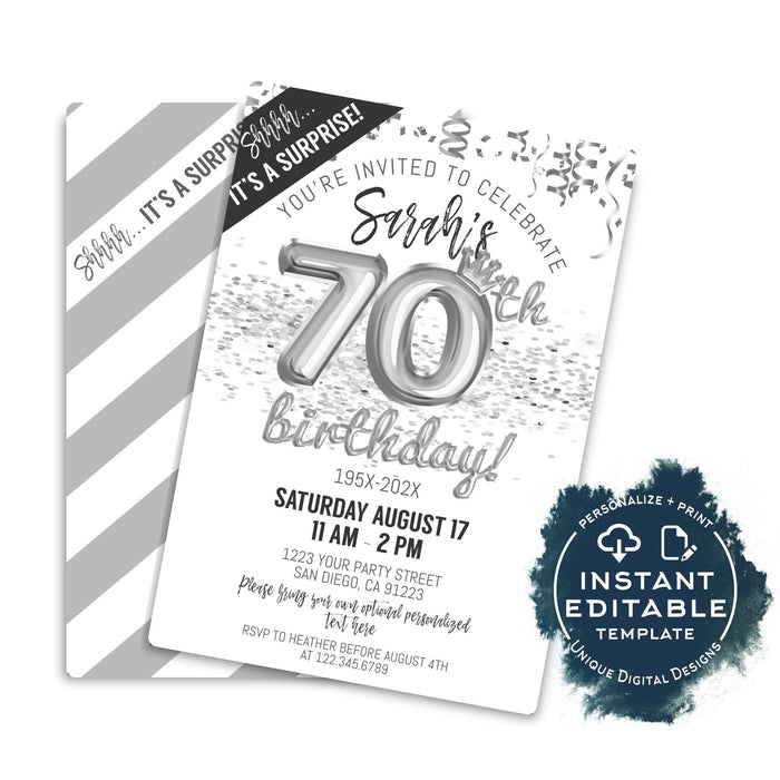 Editable Surprise 70th Birthday Invitation with Photo, Platinum Birthday Invite Template, Look Who's 70, 70th Birthday Printable Kit INSTANT