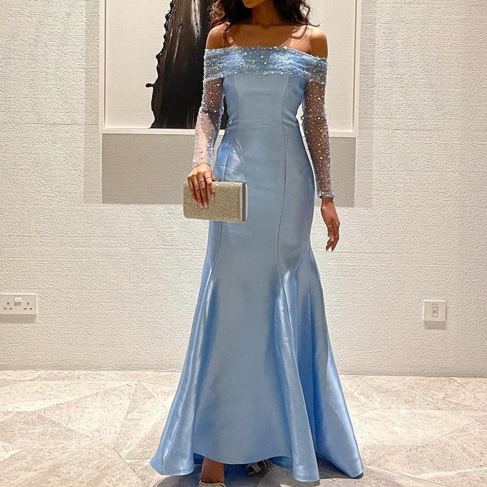 Elegant Off Shoulder Blue Arabic Evening Dress for Women Party Long Sleeves SF079