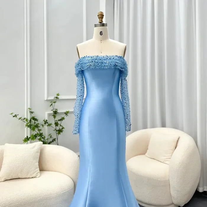 Elegant Off Shoulder Blue Arabic Evening Dress for Women Party Long Sleeves SF079
