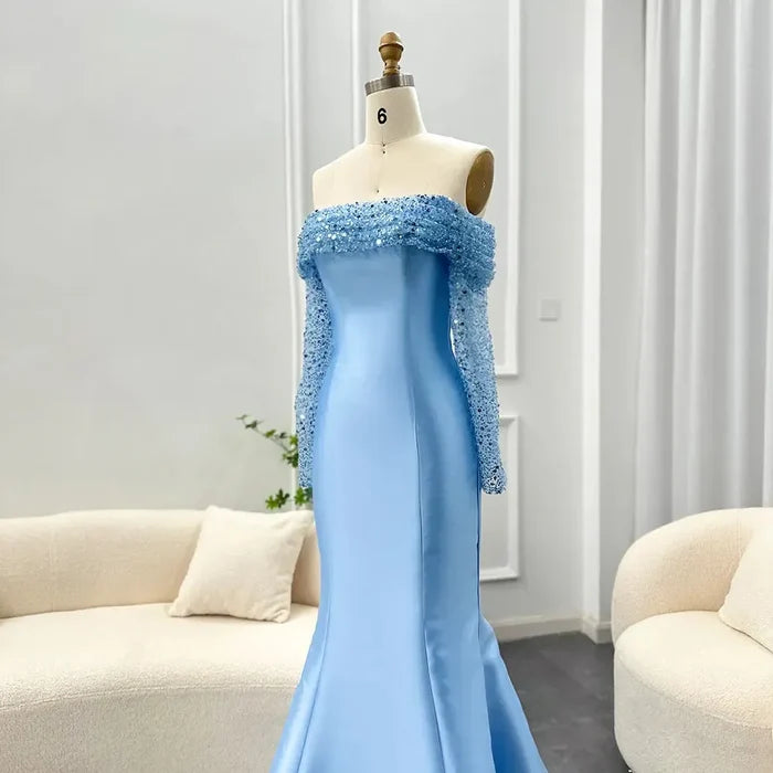 Elegant Off Shoulder Blue Arabic Evening Dress for Women Party Long Sleeves SF079