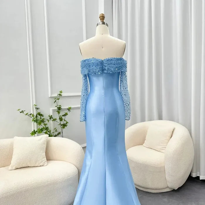 Elegant Off Shoulder Blue Arabic Evening Dress for Women Party Long Sleeves SF079