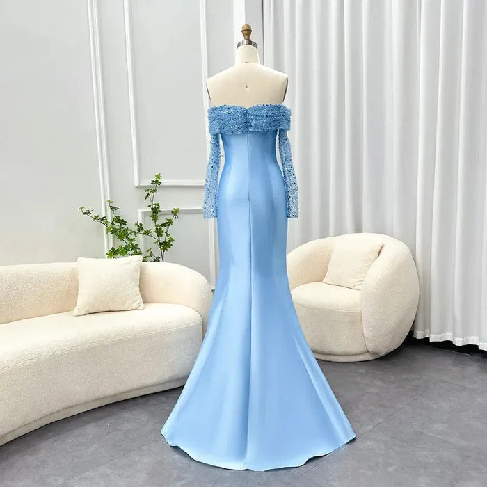 Elegant Off Shoulder Blue Arabic Evening Dress for Women Party Long Sleeves SF079
