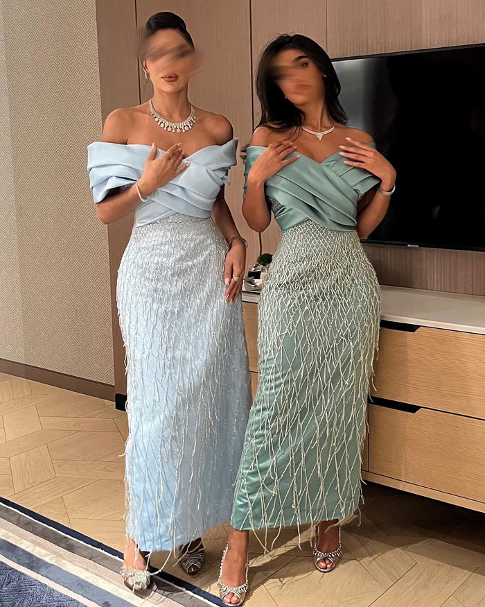 Elegant Off Shoulder Sage Green Dubai Evening Dresses for Women SS667