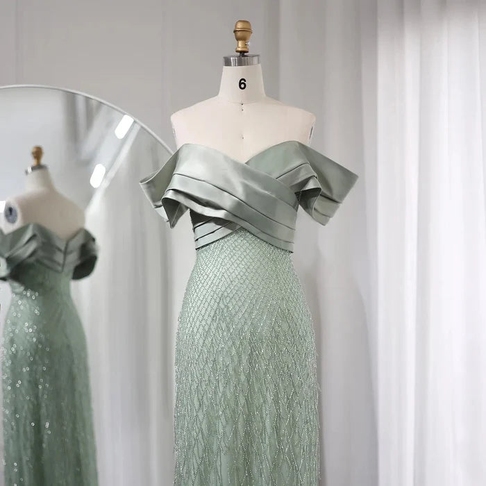 Elegant Off Shoulder Sage Green Dubai Evening Dresses for Women SS667