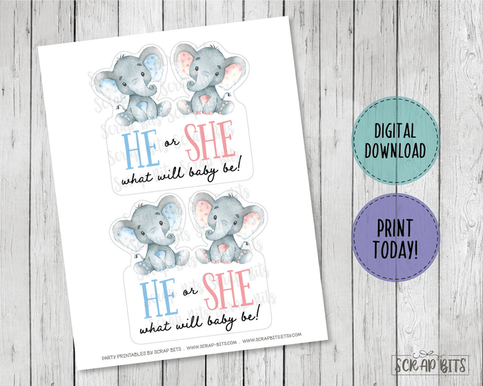 Elephant Gender Revveal Cake Topper, He or She Printable Party Decor . Instant Download (Copy) - Scrap Bits