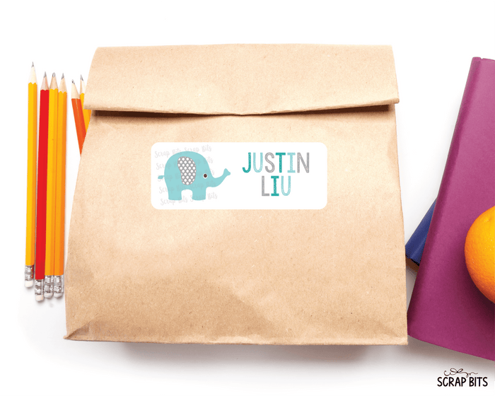 Elephant Name Labels, Aqua & Grey, Personalized Belonging Labels - Scrap Bits