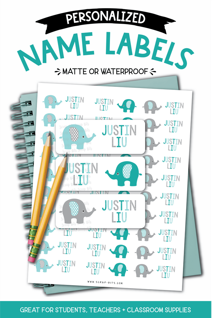 Elephant Name Labels, Aqua & Grey, Personalized Belonging Labels - Scrap Bits
