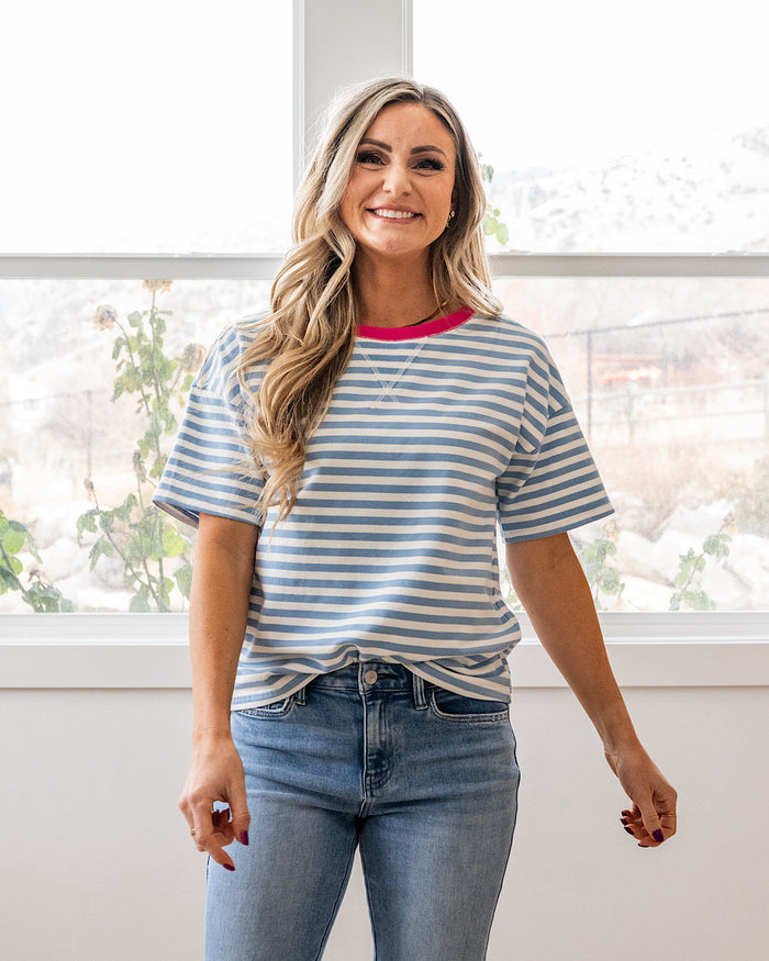 Ellie Contrast Striped Top - Sky Blue & Pink Staccato