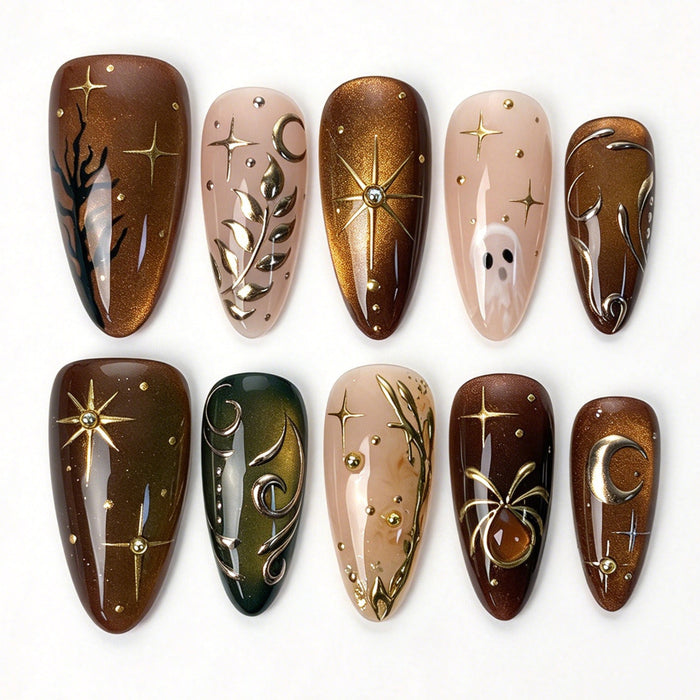 Ember Mystic handmade almond press on nails, amber brown gold starburst leaf moon ghost spider gem mystic Halloween false nails