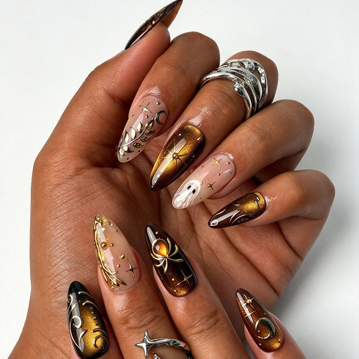 Ember Mystic spider accent Halloween almond press on nails