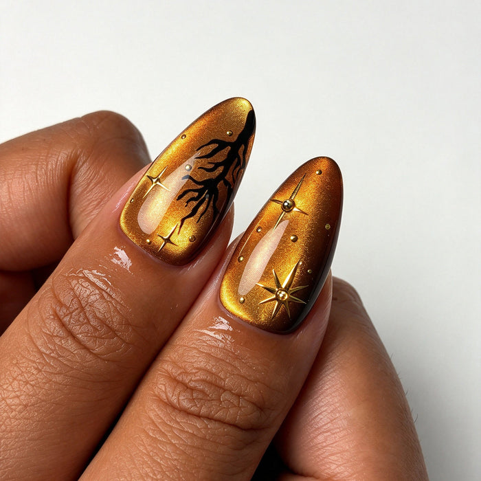 Ember Mystic amber shimmer cat-eye almond press on nails