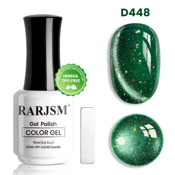 RARJSM Stellar Vortex D448 Emerald Vortex Cat Eye Gel Polish 15ml Deep Green Opal Flakes Fine Glitter Cat Eye TPO HEMA Free