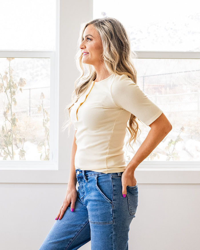 Emmy Micro Ribbed Henley Top - Butter Yellow Lovely Melody