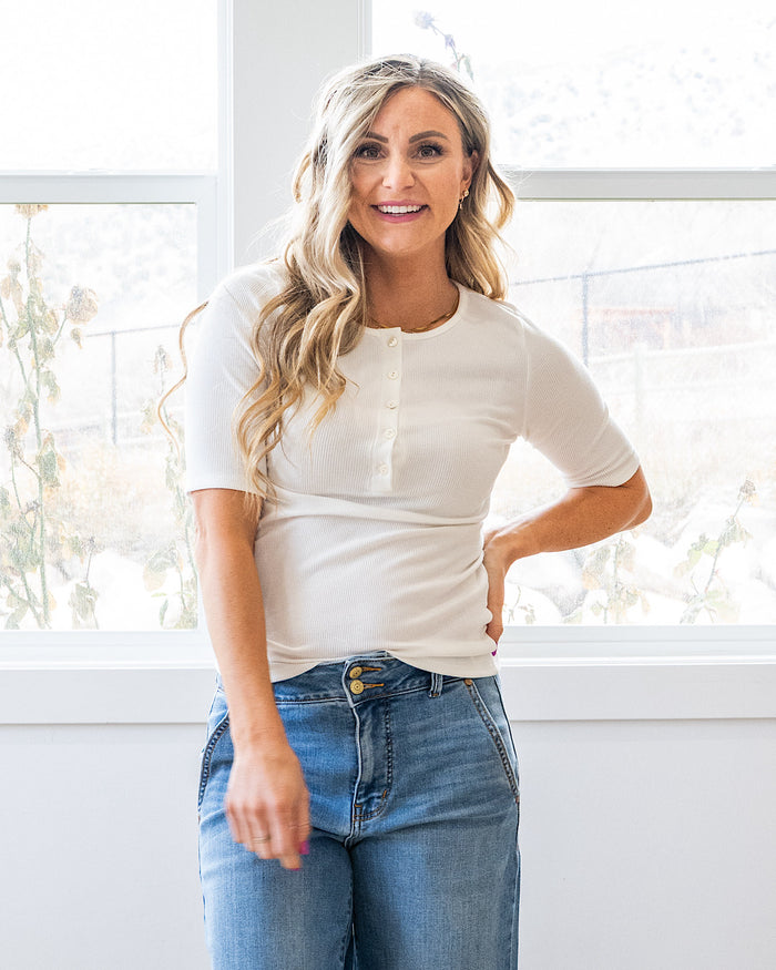 Emmy Micro Ribbed Henley Top - Ivory Lovely Melody
