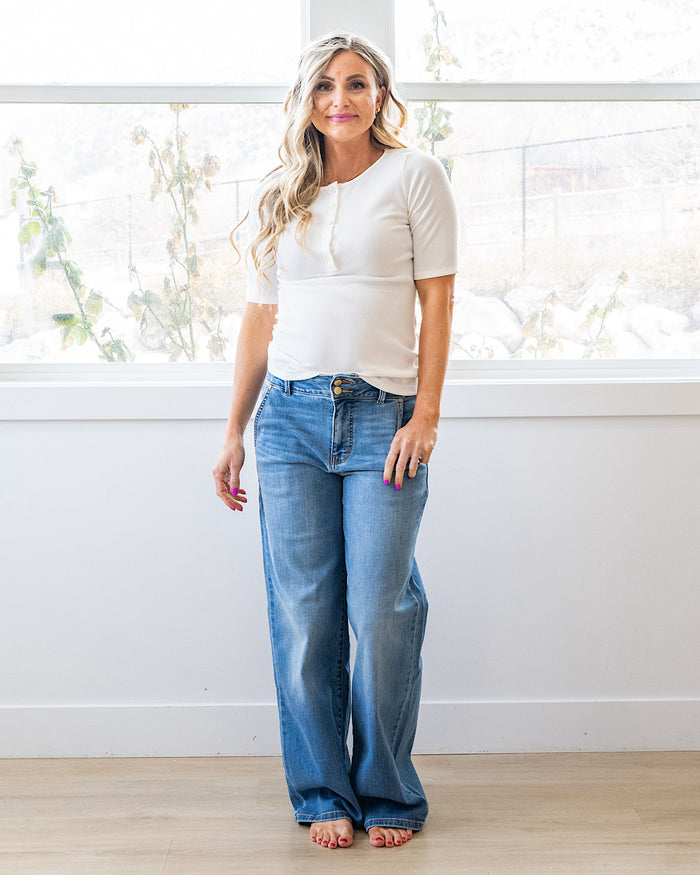 Emmy Micro Ribbed Henley Top - Ivory Lovely Melody